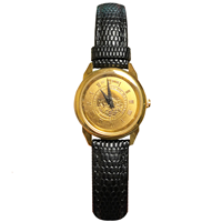 Ladies Black Leather Strap Watch - Gold Medallion