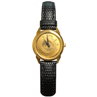 LADIES BLACK LEATHER STRAP WATCH - GOLD MEDALLION