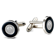 Black Enamel Cufflinks - Silver Medallion