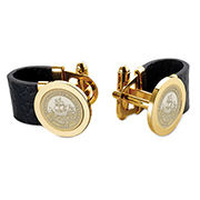 Black Leather Strap Cufflinks - Gold Medallion